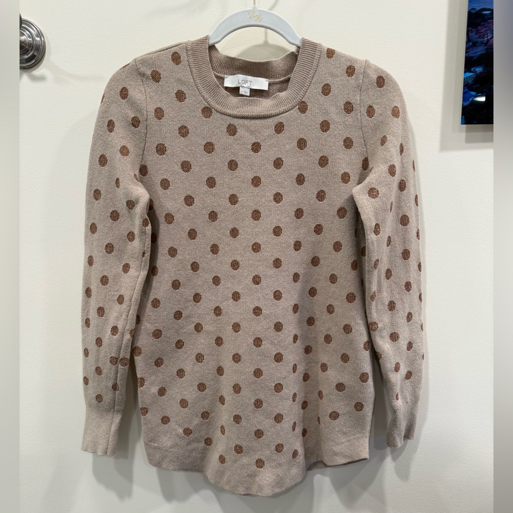 Loft Beige with Gold Metallic Polka Dot Sweater Size Medium